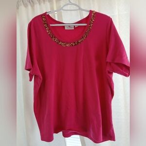Quacker Factory Vibrant Pink Embellished Short Sleeve Top 2X